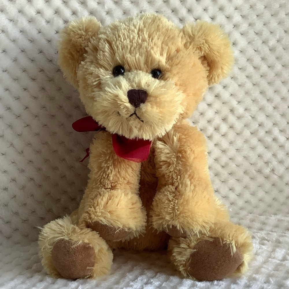 Russ Berrie and Co Plush Giles Gold Colour Bear Stuffed Animal Toy with Red Bow
